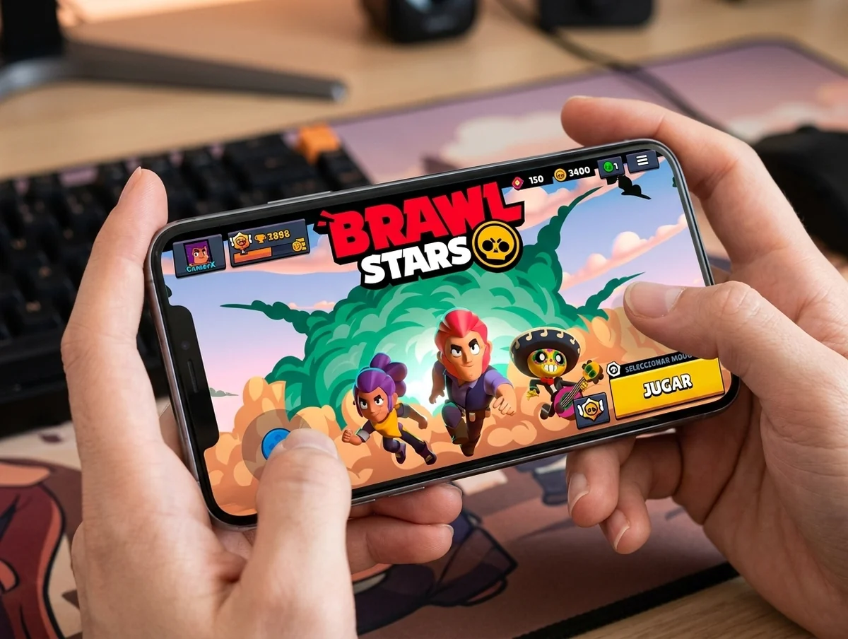 Celular con Brawl Stars abierto, sostenido con las dos manos