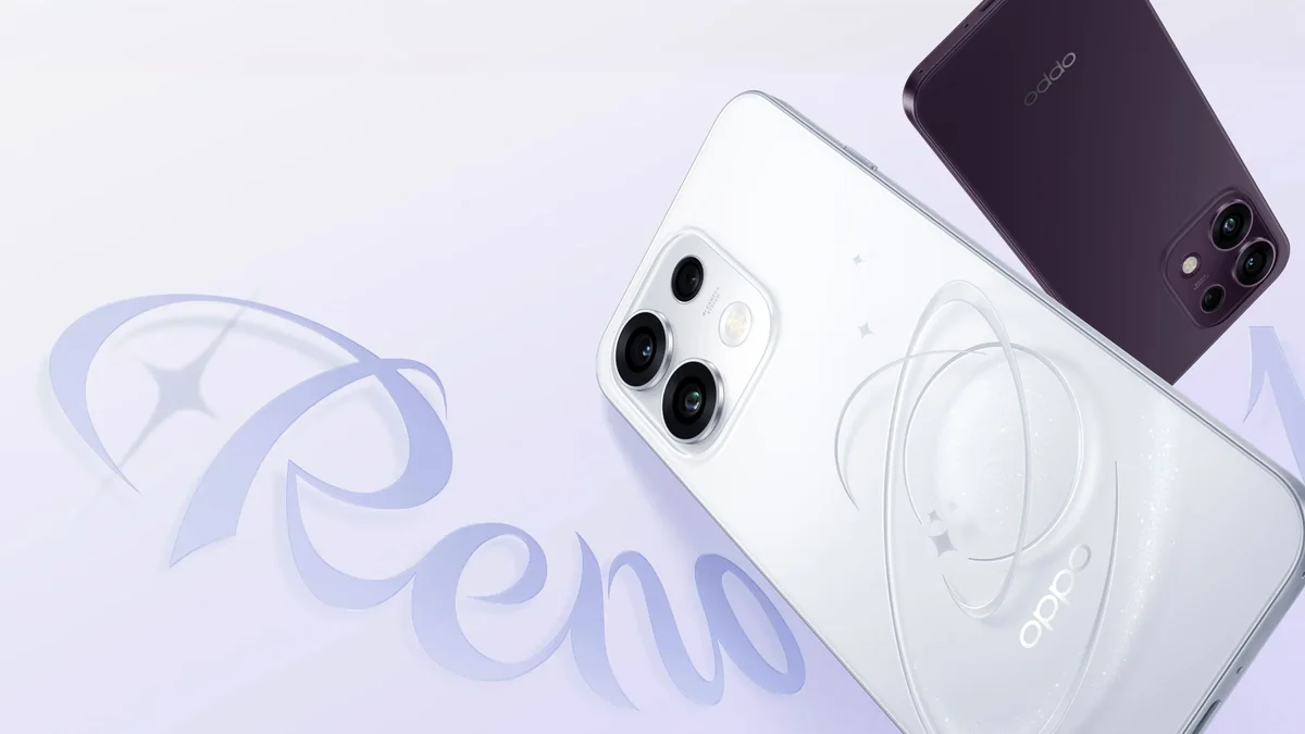 Dos Oppo Reno16 F 5G vistos por detrás, uno blanco y otro violeta. Imagen oficial de Oppo