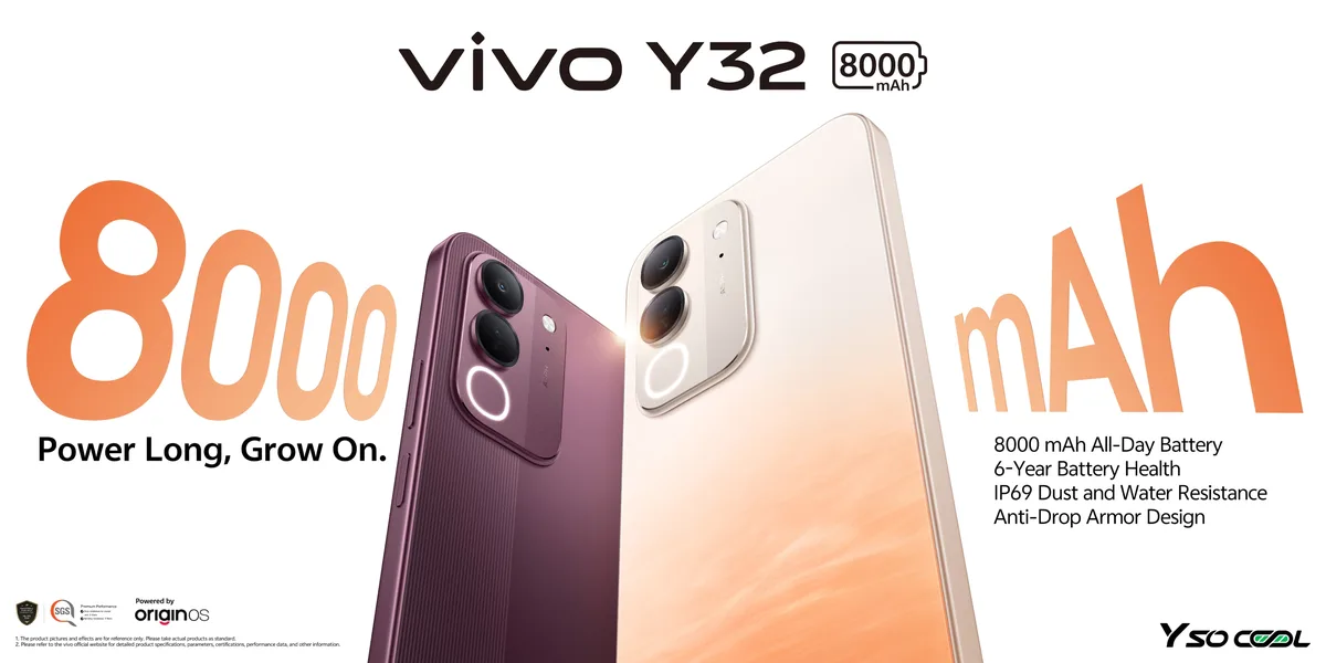 El vivo Y32 en dos colores, con la leyenda 8000 mAh de la imagen oficial de vivo